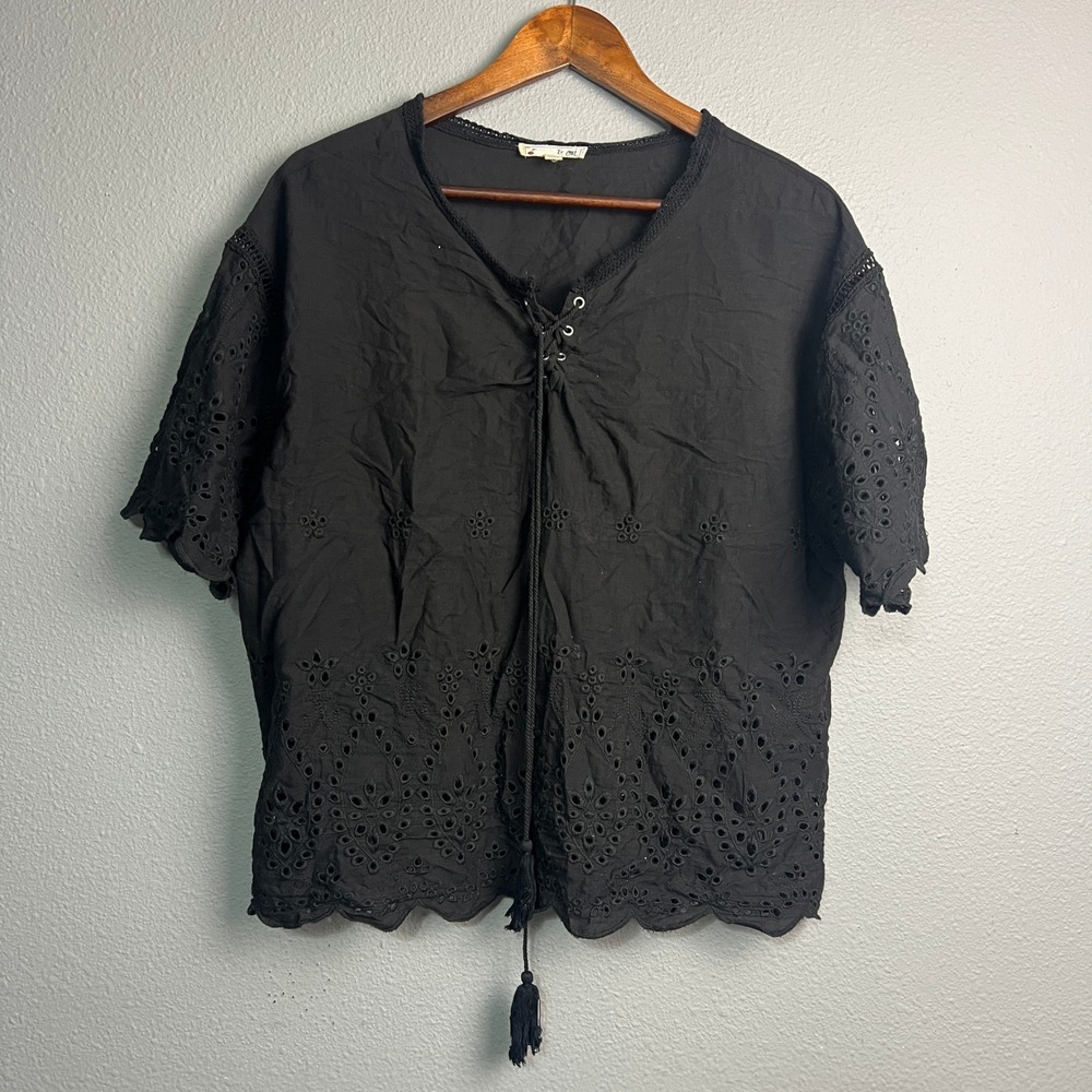 It Girl XL‎ Black Eyelet Lace Up Tassel Short Sleeve Top Blouse Gothic Grunge